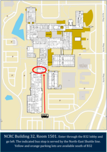 Map with directions to NCRC Building 32, Room 1501